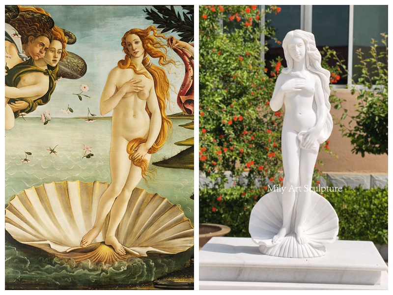 Comparison between the finished Birth of Venus marble statue and the original painting
