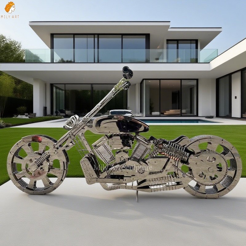 Custom Stainless Steel Motorcycle Sculpture for Modern Villa Decor