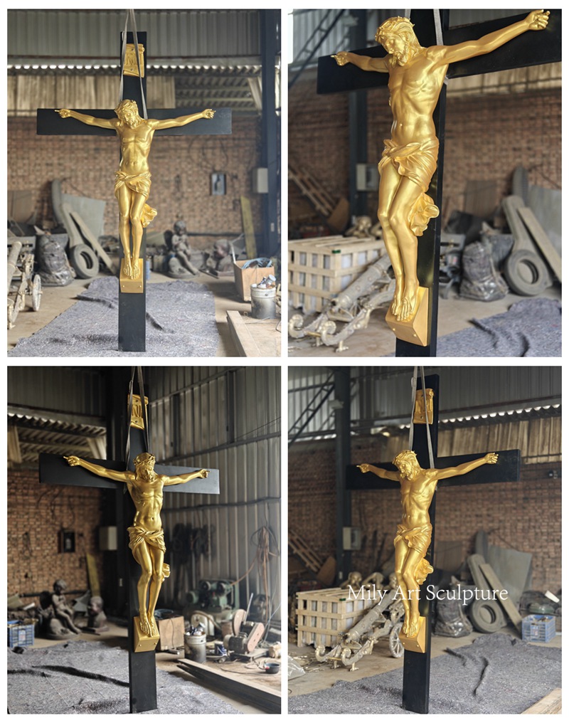 Golden Bronze Statue of Jesus on the Cross Details
