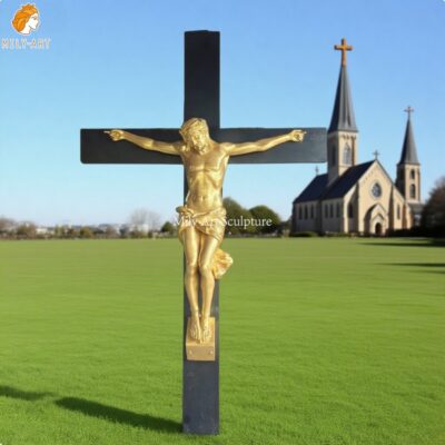 Golden Bronze Statue of Jesus on the Cross for Church Decor