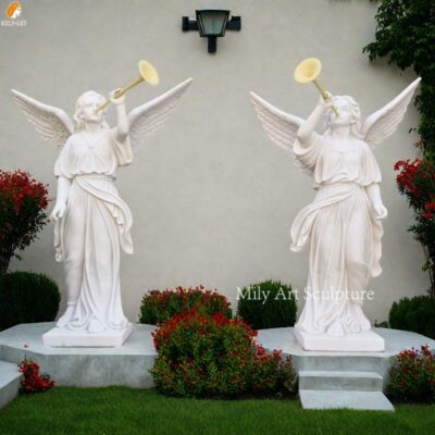 Hand Carved Marble Angel Statues with Trumpet for Garden Decor