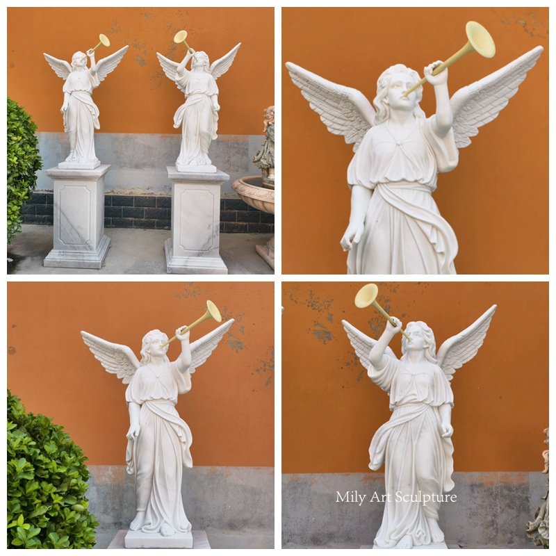 Hand Carved Marble Angel Statues with Trumpet Details