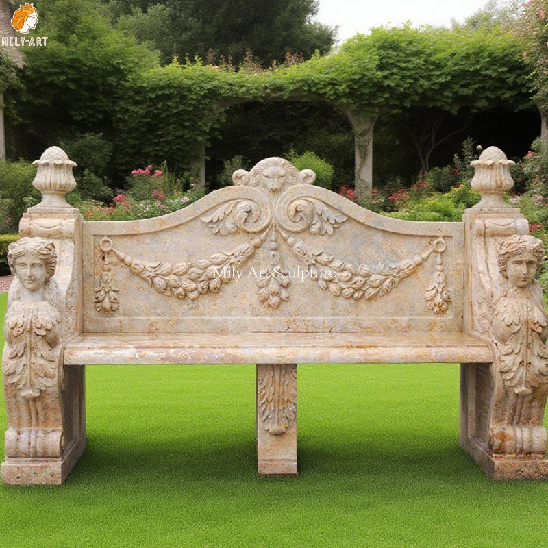 Hand Carved Natural Stone Bench in Travertine for Yard Decor