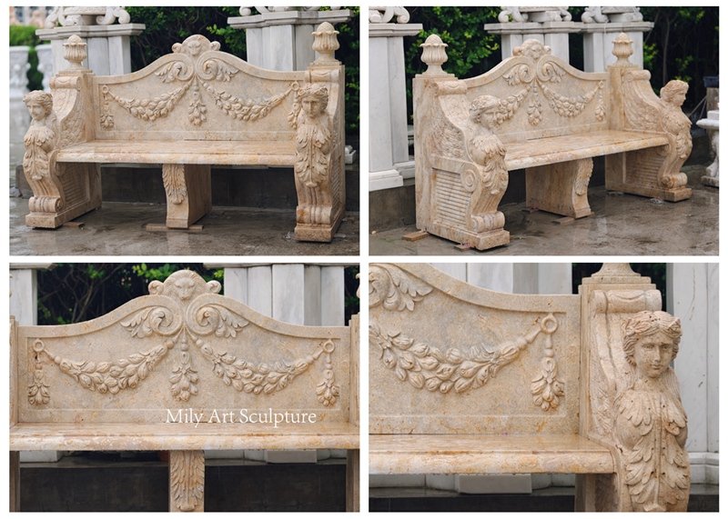 Hand Carved Natural Travertine Stone Bench Details