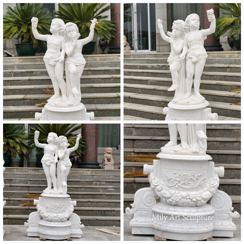 Hand Made Marble Cherub Angel Playing Pan Flute Details
