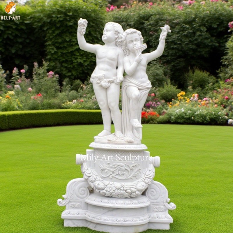 Hand Made Marble Cherub Angel Playing Pan Flute for Garden Decor