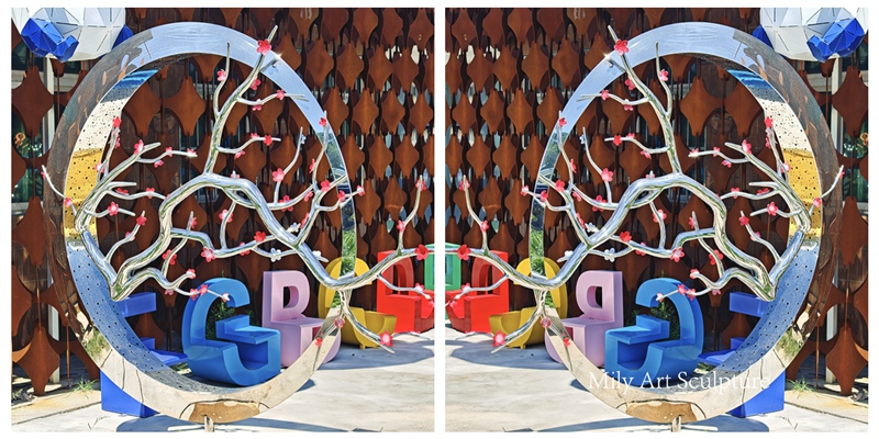 Modern Stainless Steel Water Feature with Flowers Details