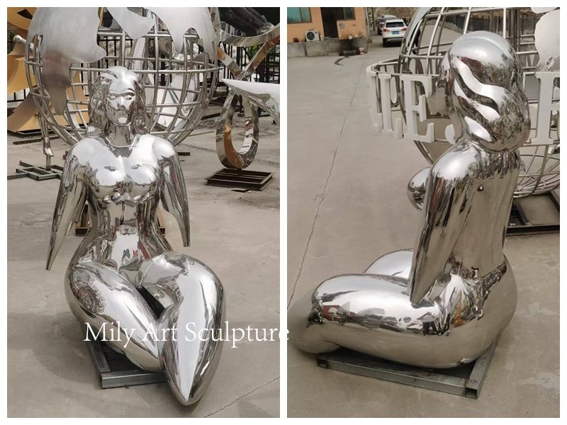 Sitting Abstract Stainless Steel Woman Sculpture Details