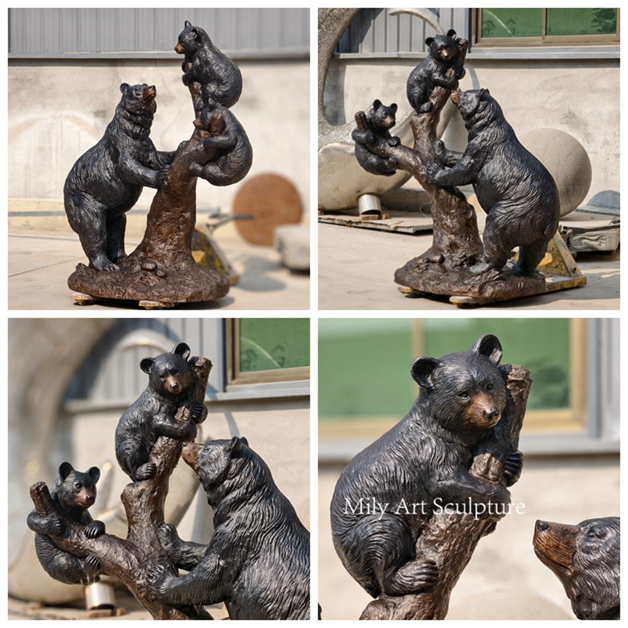 Bronze Bear With Cub Climbing On The Tree Details
