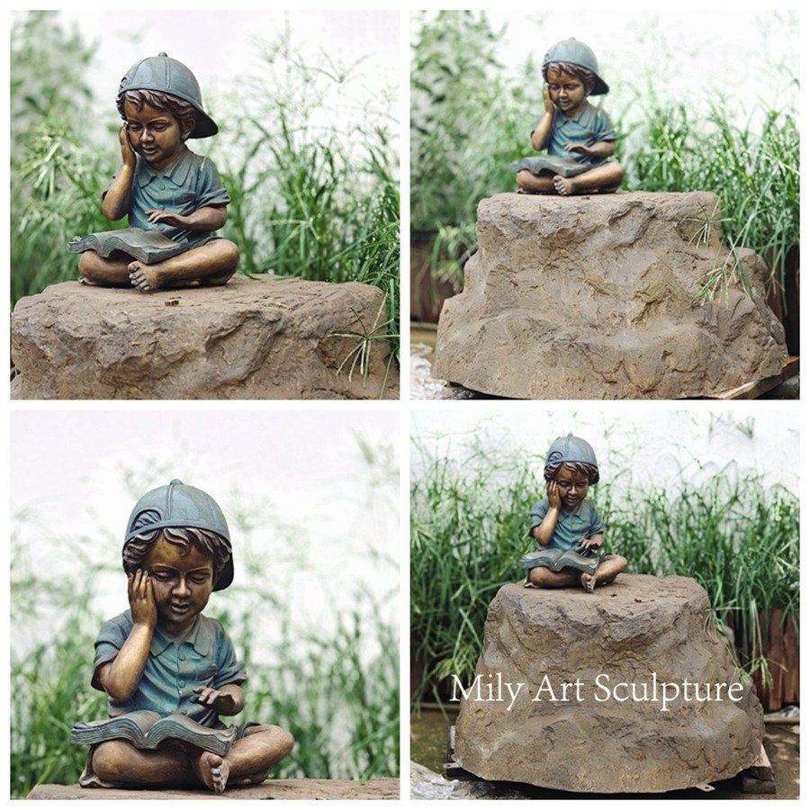Bronze Little Boy Sitting Rock Reading His School Book Sculpture Details