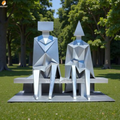 Custom Metal Sculpture Sitting Couple on Bench for Park Decor