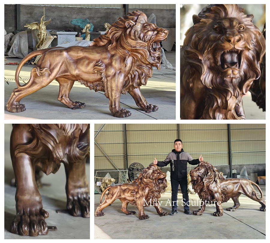 Pair of Bronze Walking Lions Details