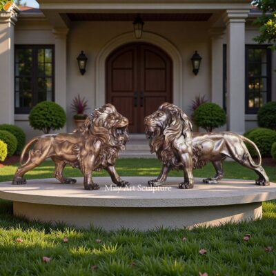 Pair of Brown Bronze Walking Lions for Grand Entrances