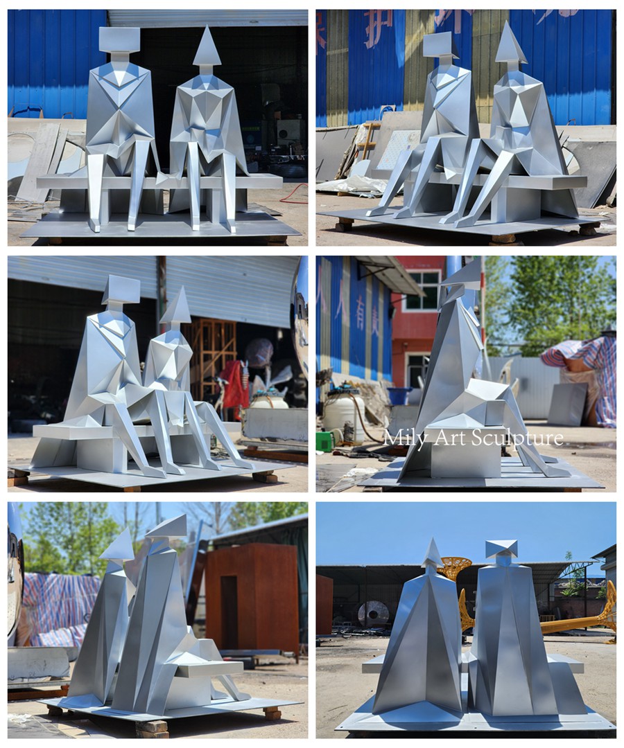 Stainless Steel Sitting Couple on Bench Sculpture Details