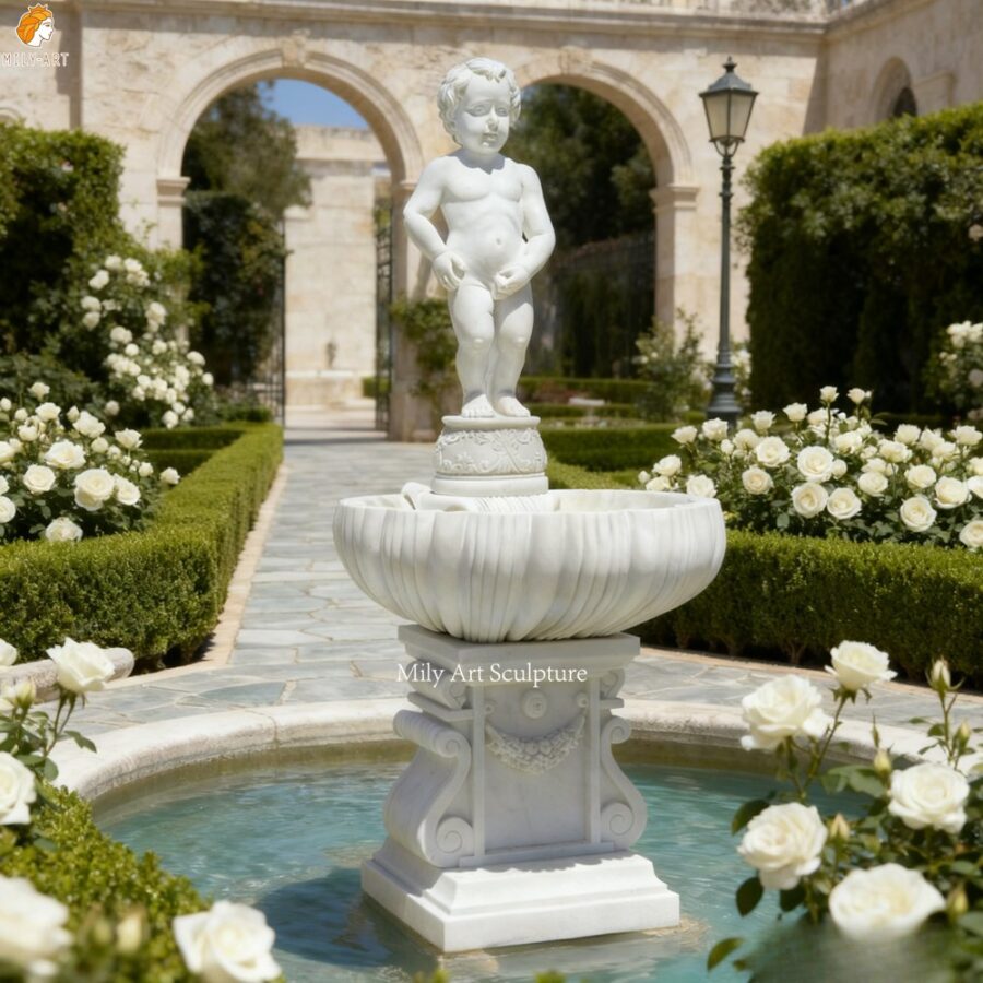 Carved Marble Cherub Peeing Fountain for Garden Decor