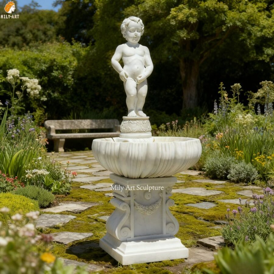 Large Carved Marble Cherub Peeing Fountain for Yard Decor