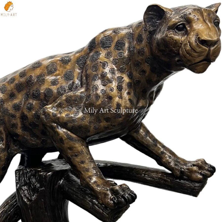 Custom Brown Bronze Jaguar on Branch Statue Detail