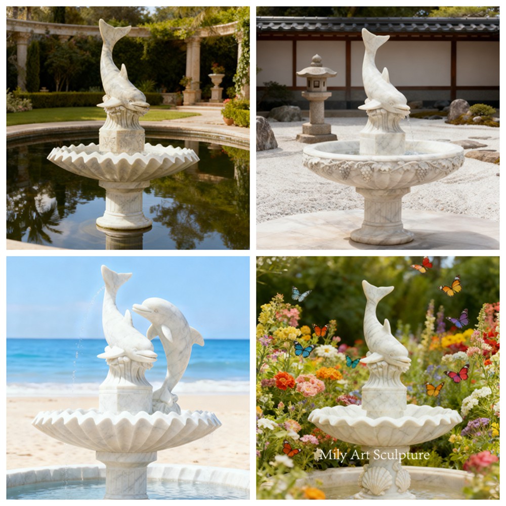 Hand Carved Dolphin Statue Marble Fountain Details