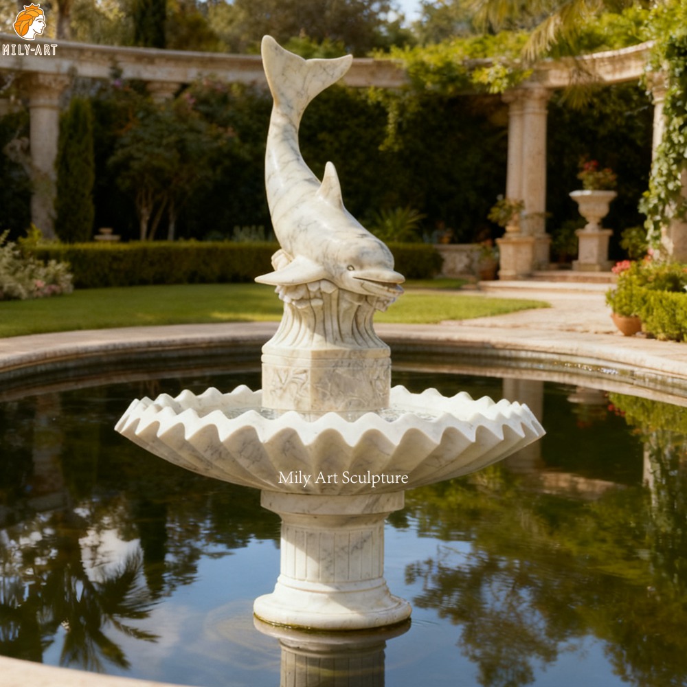 Hand Carved White Dolphin Statue Marble Fountain