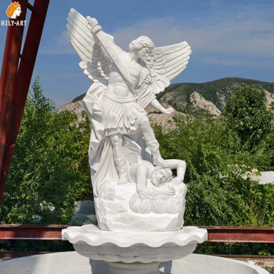 Hand Carved White Marble St Michael Fountain Detail