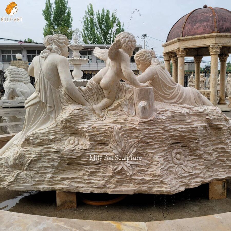 Large Beige Garden Marble Figure Fountain Back View