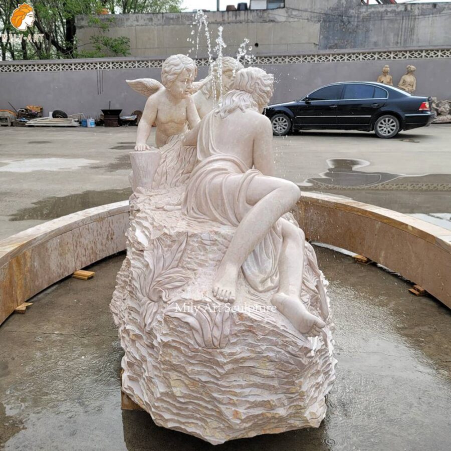 Large Carved Garden Marble Figure Fountain Side View