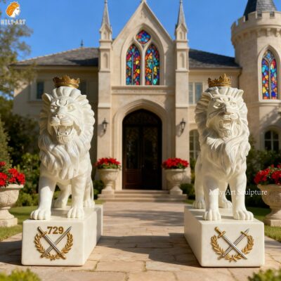 Marble White Lion Statue with Gold Crown for Castle Decor