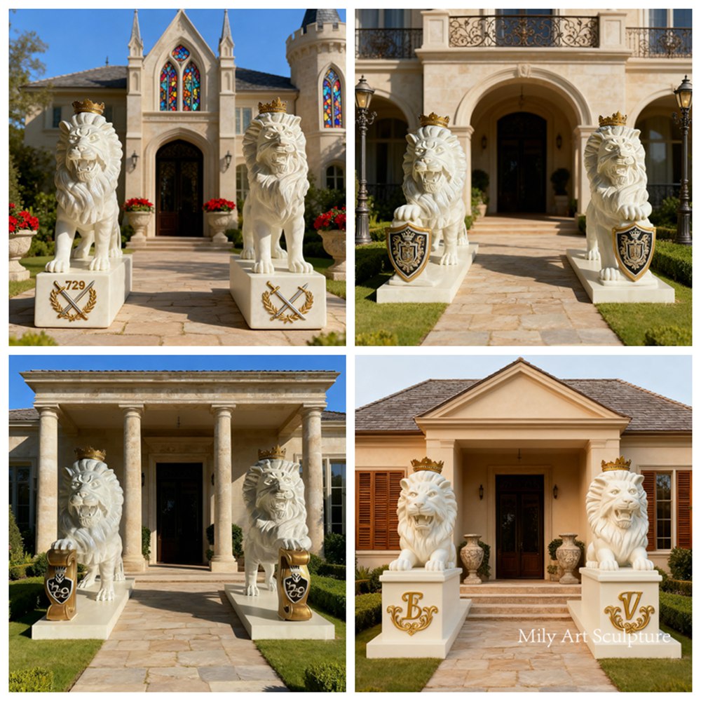 Marble White Lion Statues with Gold Crown