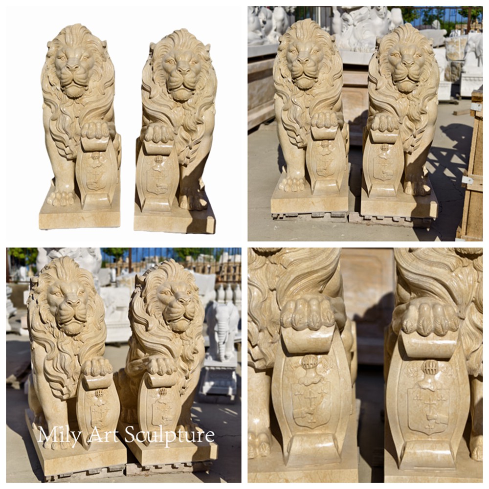 Details of the Marble Pair of Lion Statues with Shield