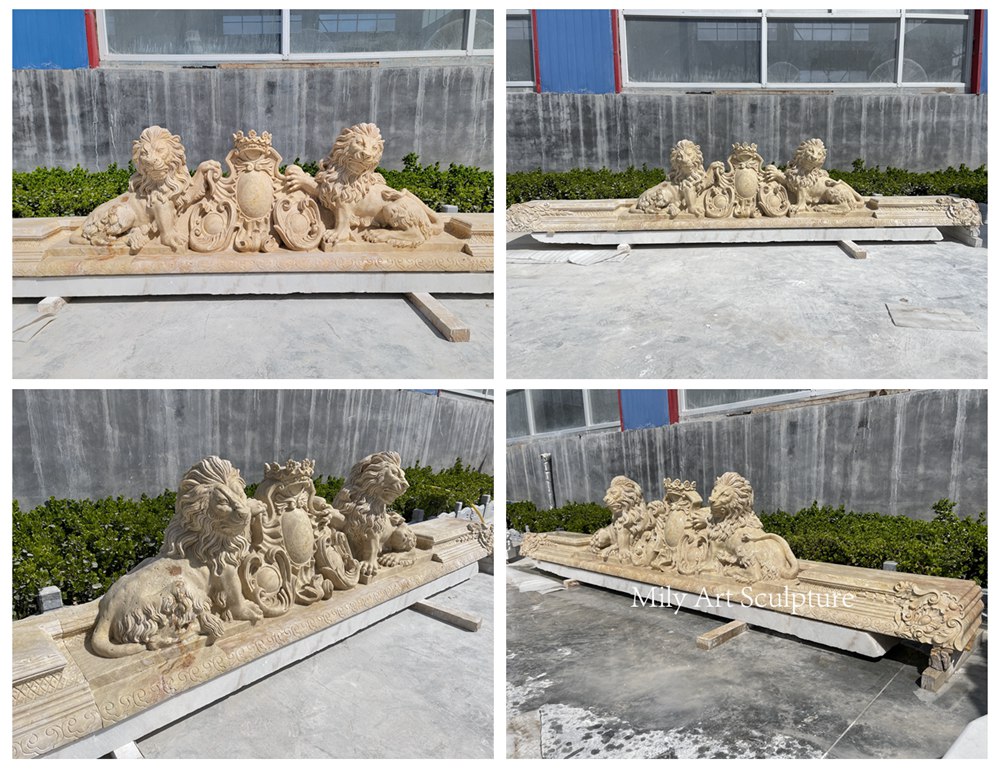 European Retro Beige Stone Lion Crest Sculpture Details