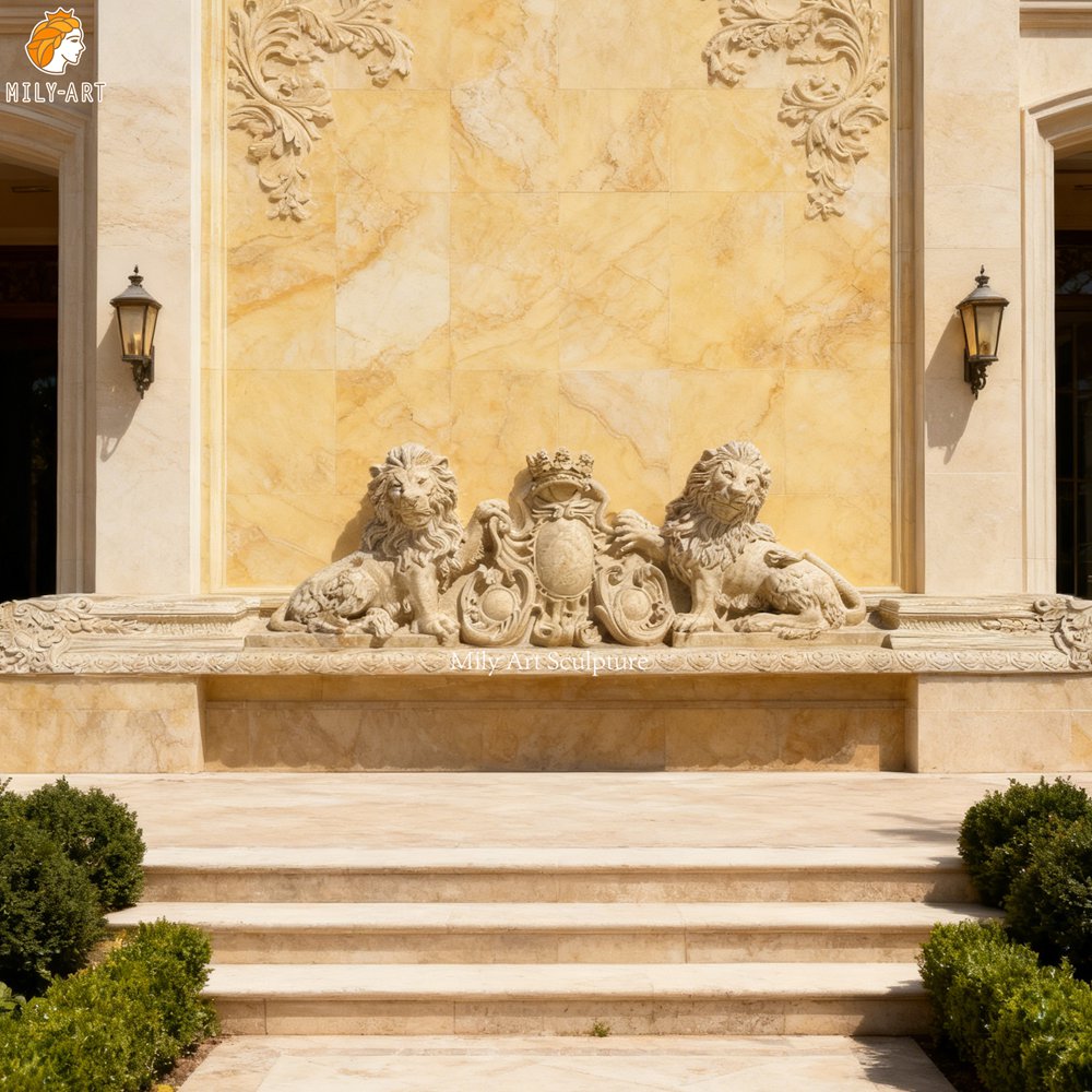 European Retro Beige Stone Lion Crest Sculpture for Villa Decor
