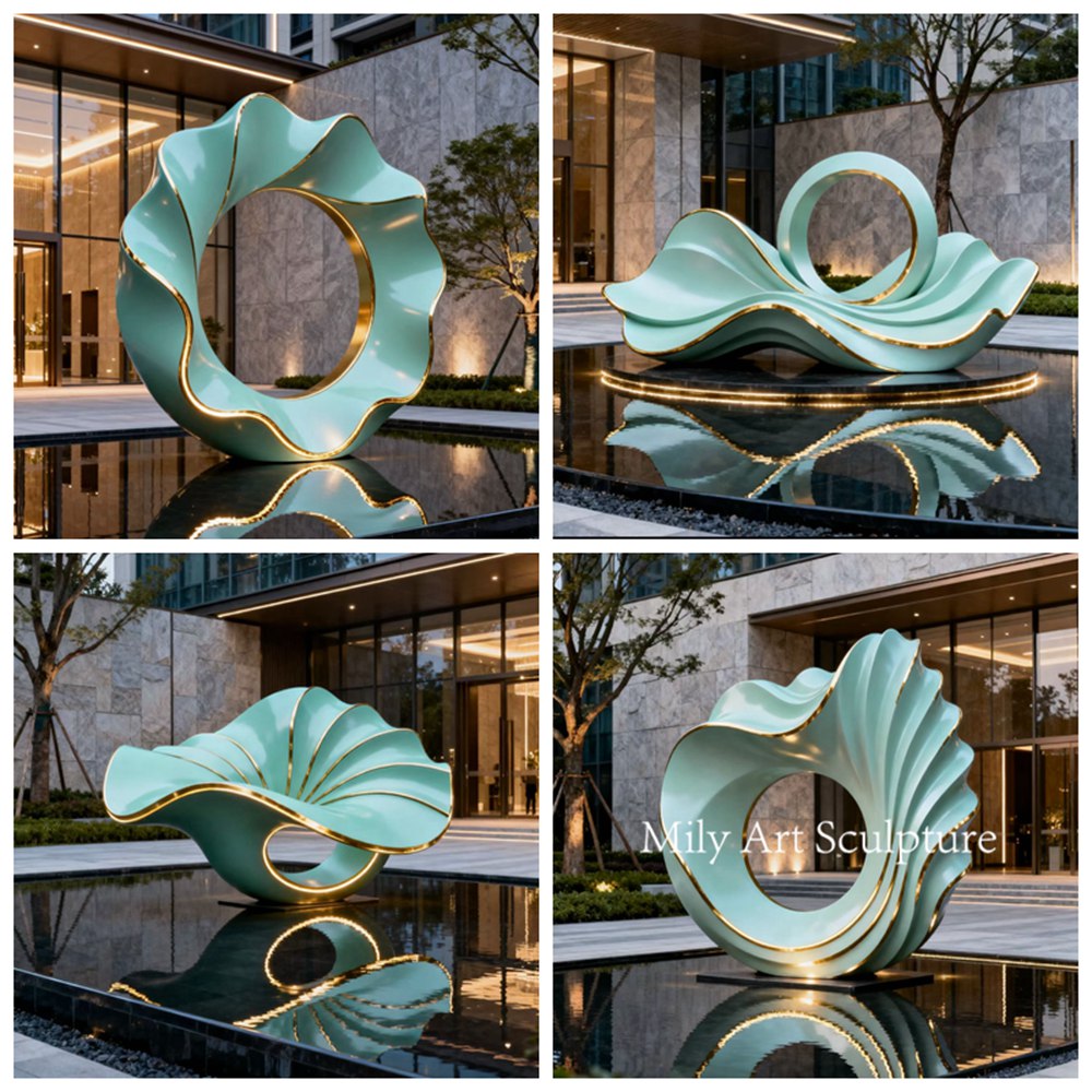 Large Green Metal Water Feature Sculpture With Gold Edge Applications