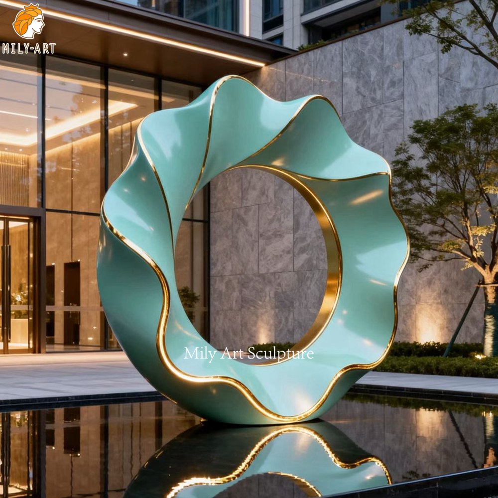 Large Green Circular Metal Water Feature Sculpture With Gold Edge