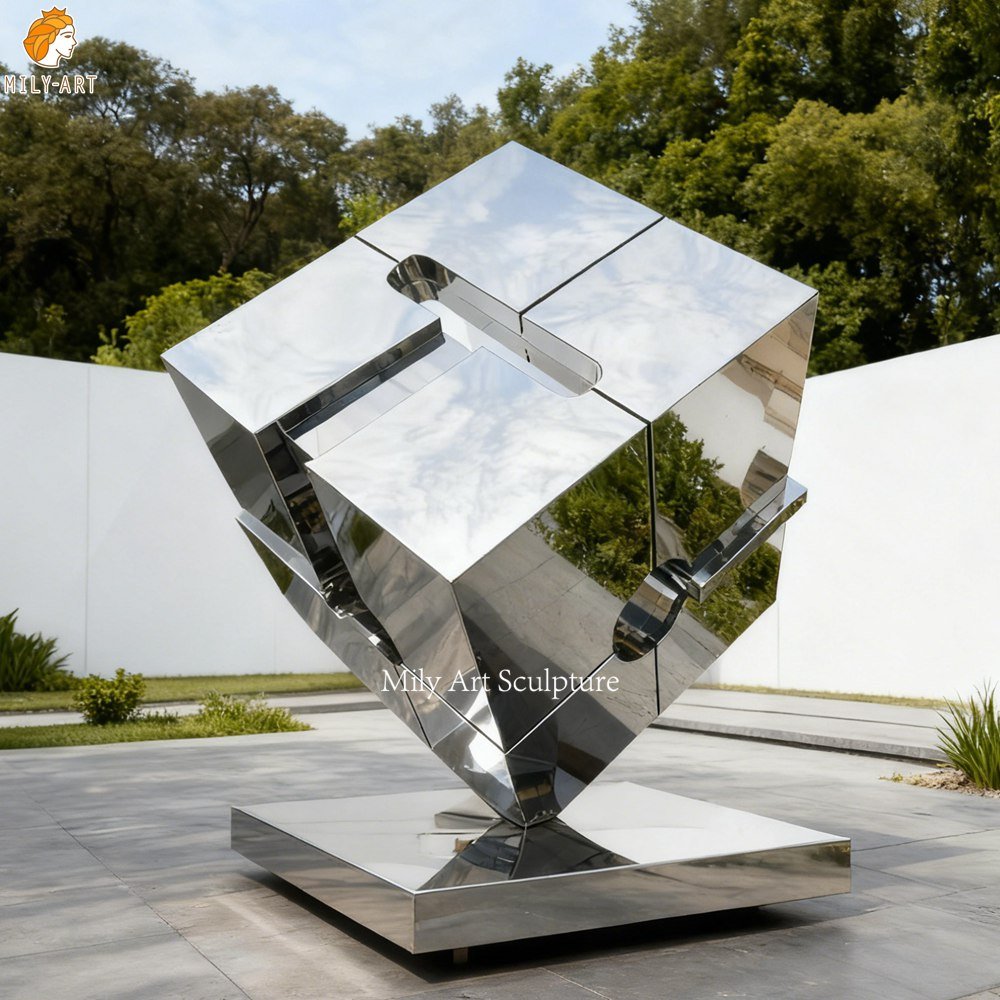 Large Mirror Stainless Steel Cube Sculpture for Yard Decor