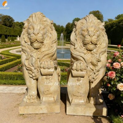Beige Marble Pair of Lion Statue with Shield for Garden