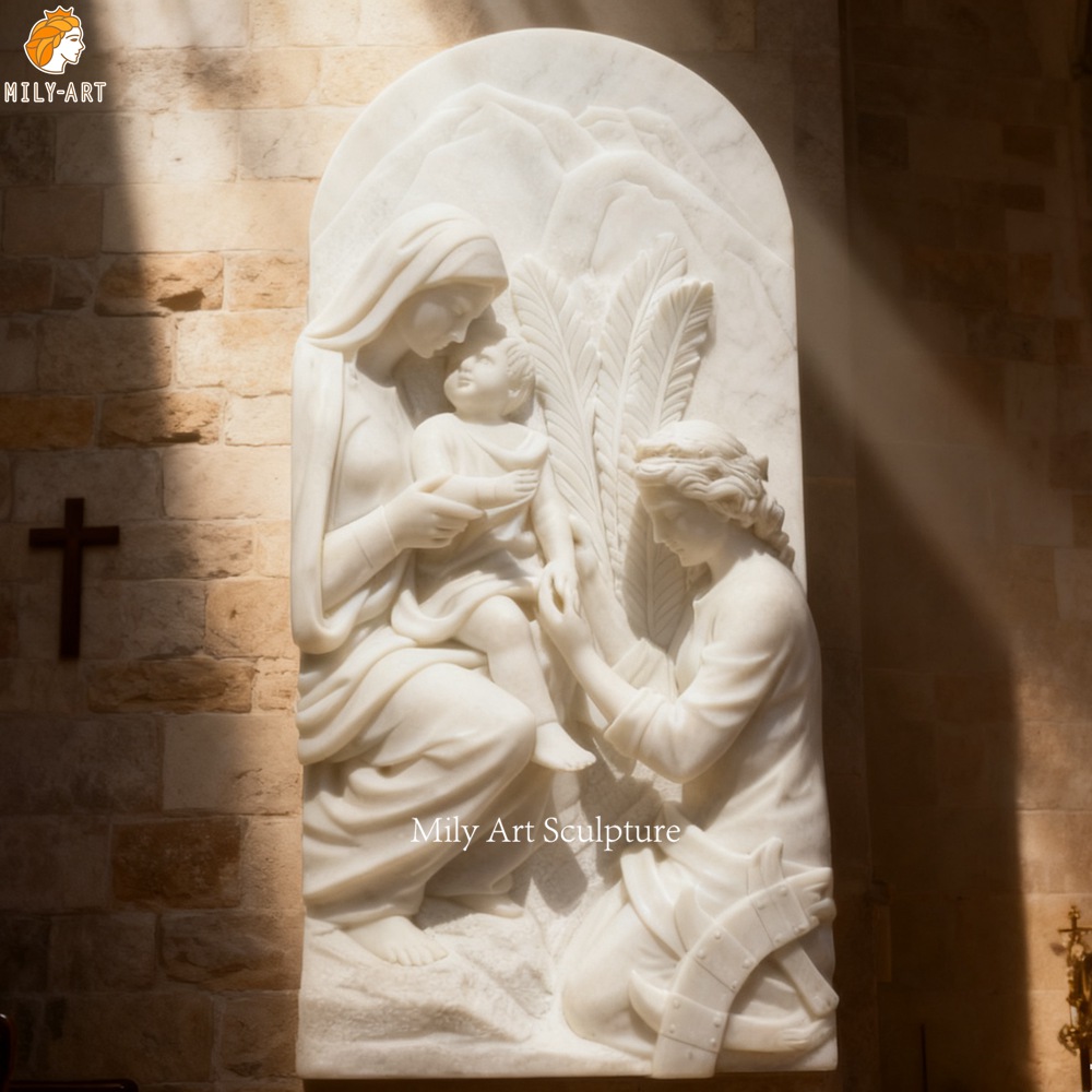 White The Virgin and Child Marble Relief Statue for Indoor Decor