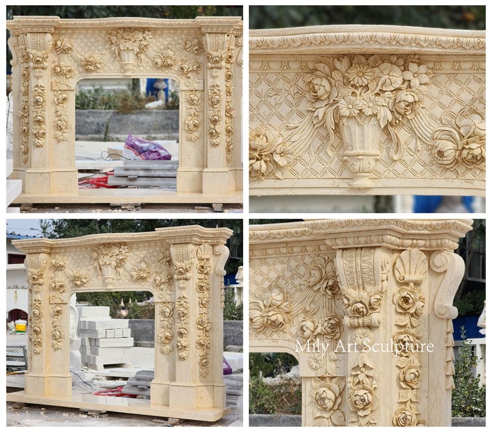 Beige Marble Fireplace Mantel with Exquisite Carvings Details