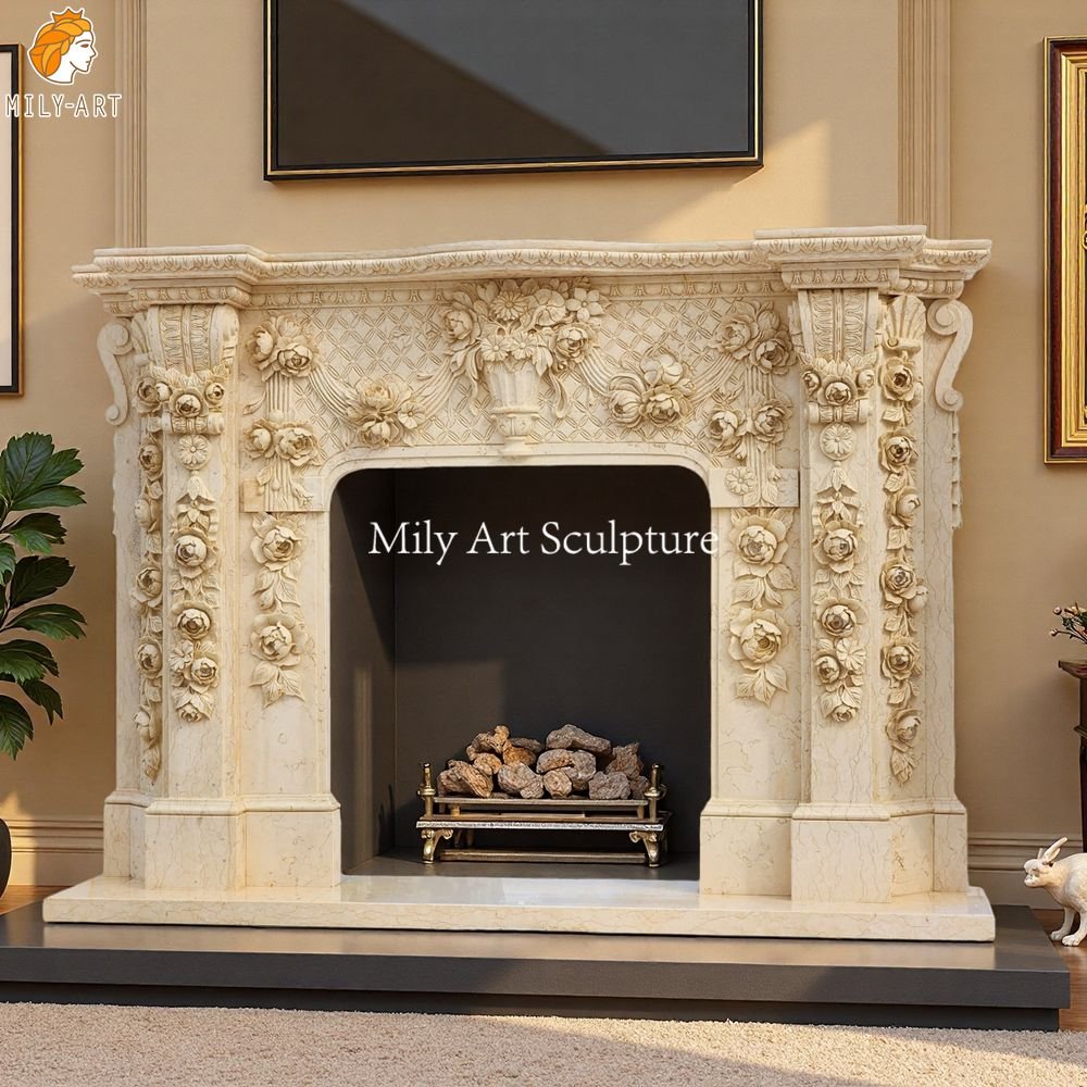 Beige Marble Fireplace Mantel with Exquisite Carvings for Hall Decor