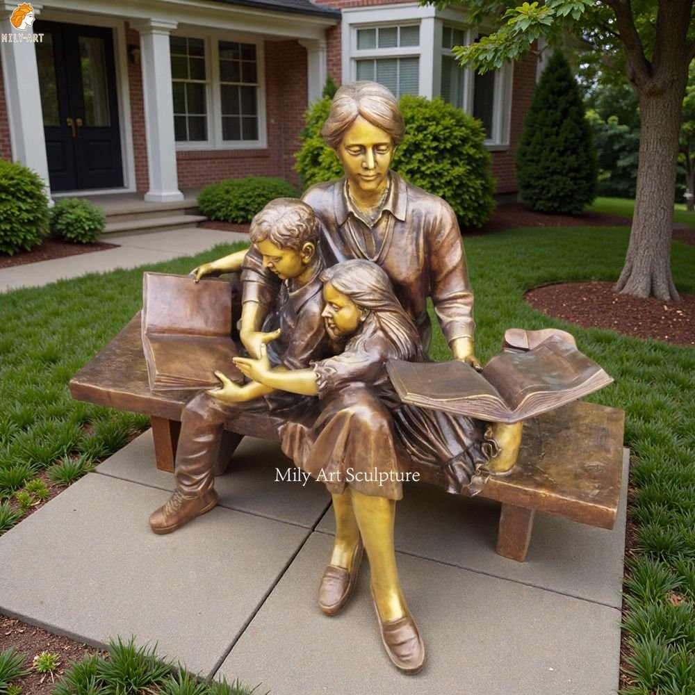 Bronze Mother and Child Reading Sculpture for Garden