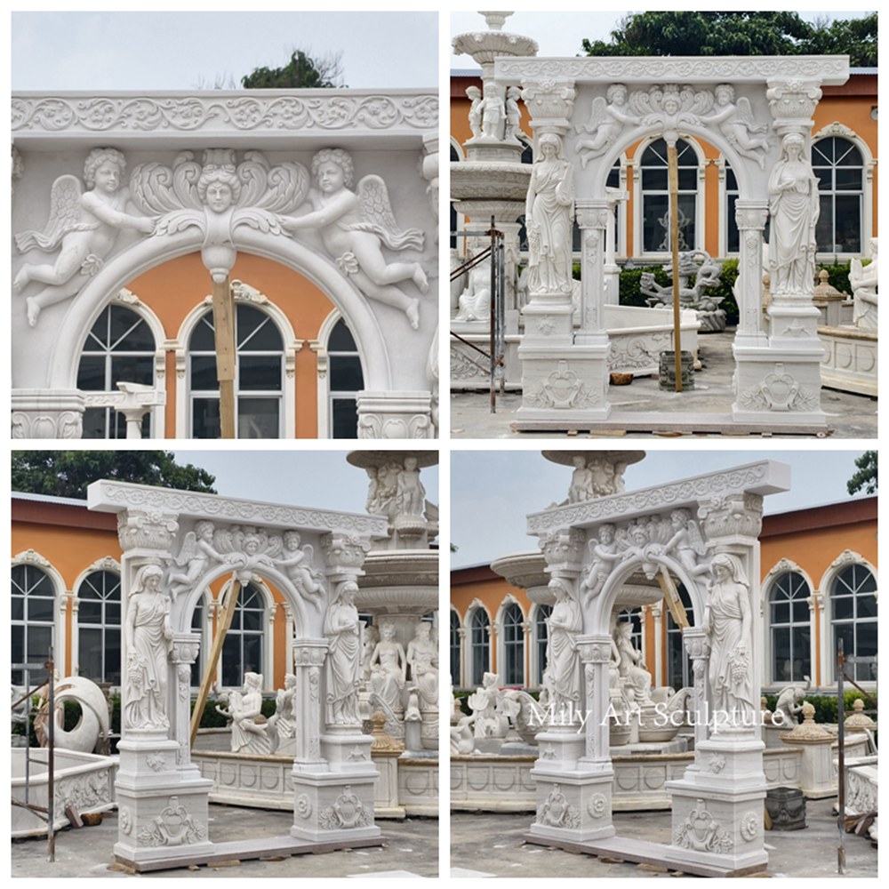 Hand Carved Natural Marble Arch with Statues Details