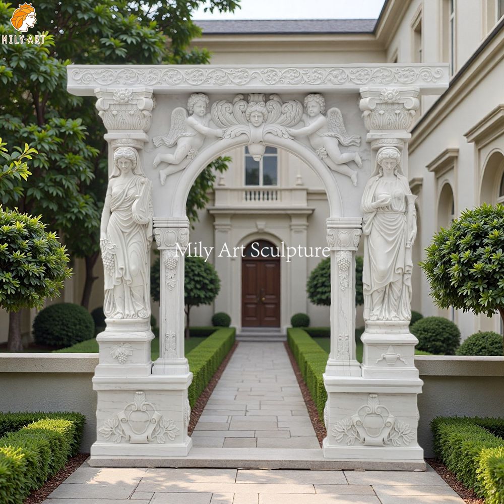 Hand Carved Natural Marble Arch with Statues for a European Yard