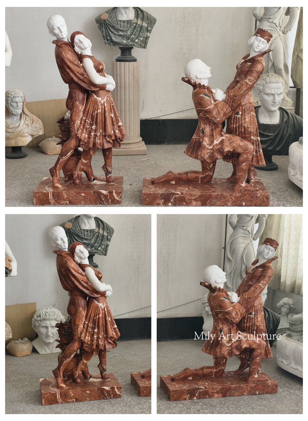 Romantic Red and White Marble Dancer Sculptures Details
