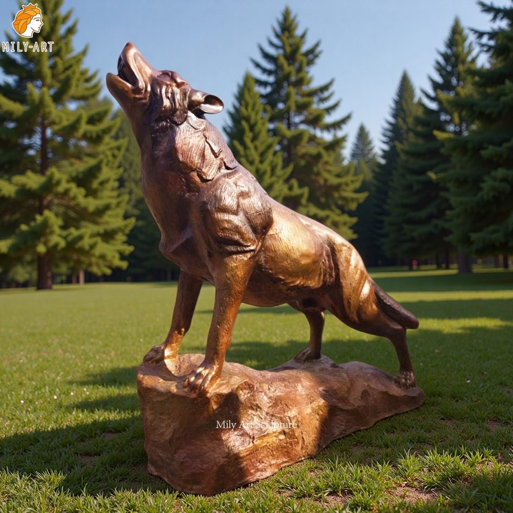 Brown Bronze Wolf Sculpture on a Base for Forest Decor