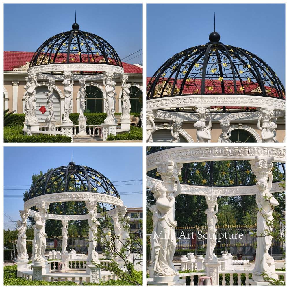 Garden Marble Gazebo with Lady Statues Details
