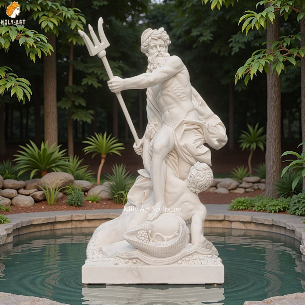 Hand Carved Marble Neptune and Triton Sculpture for Pond Decor