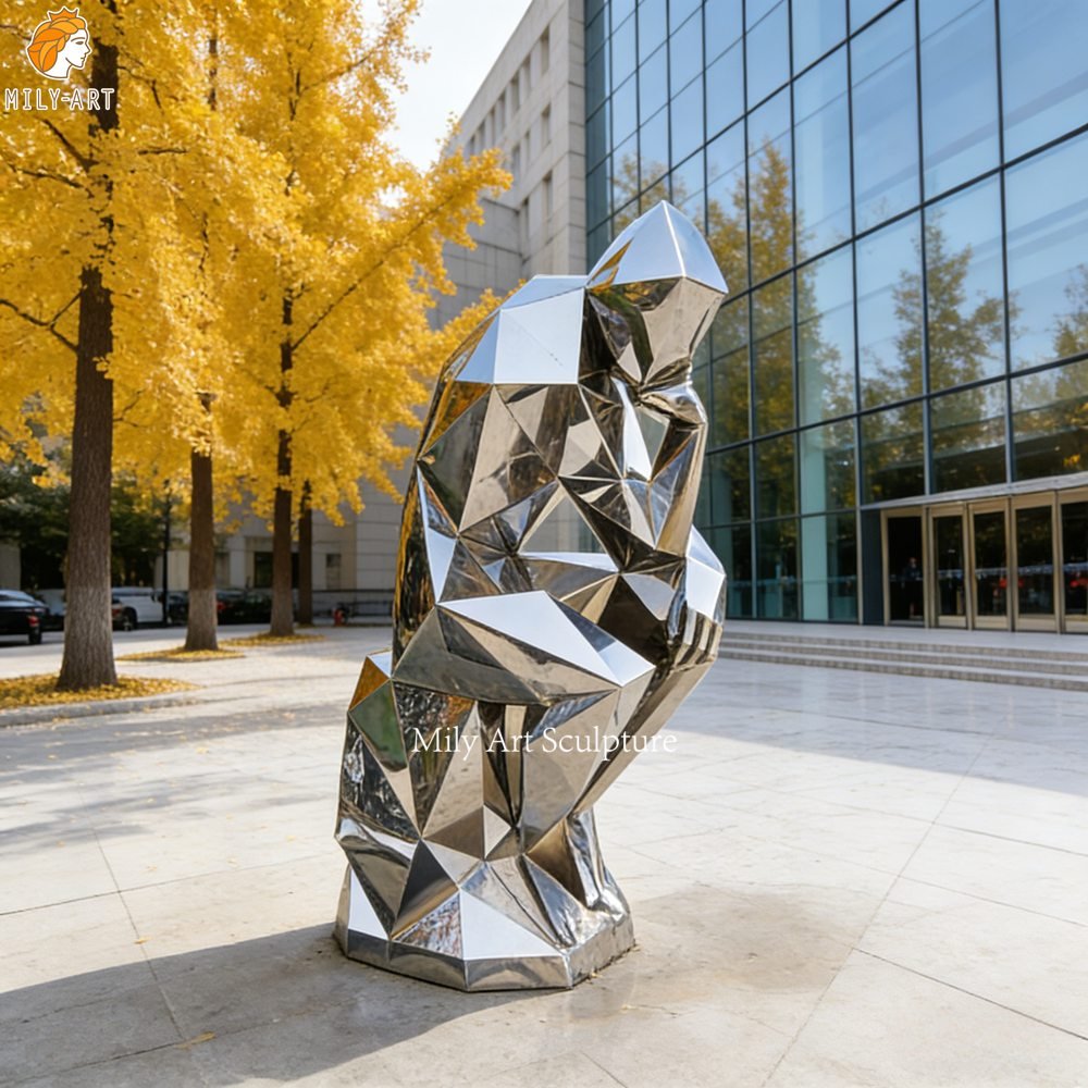 The Thinker Silver Geometric Metal Garden Sculpture