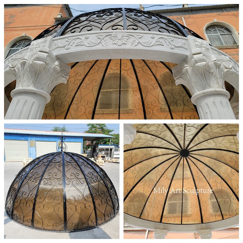White Marble Garden Gazebo with A Black Iron Dome Details