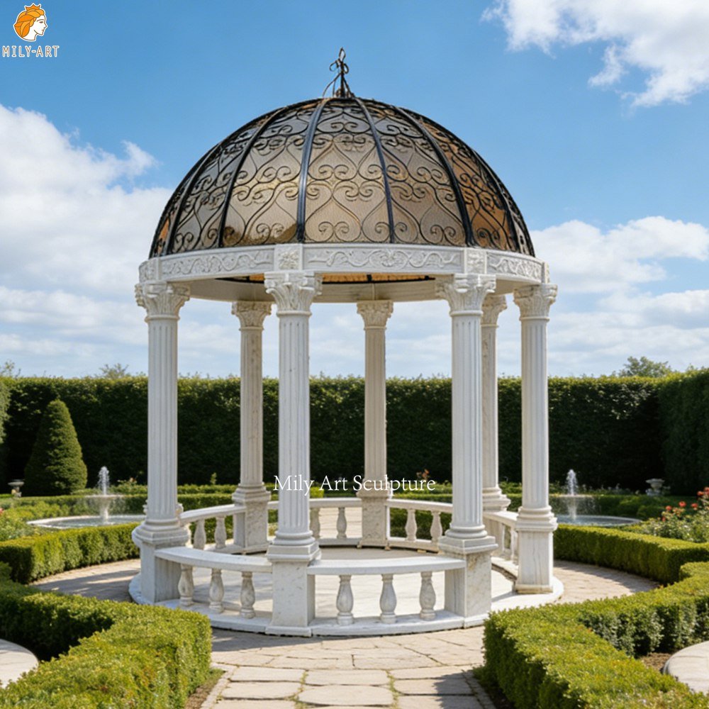 White Marble Garden Gazebo with A Black Iron Dome