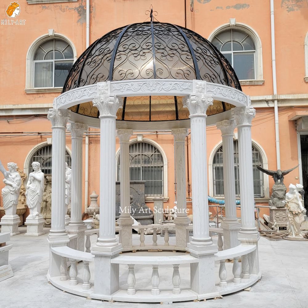 White Marble Garden Gazebo with Iron Dome 