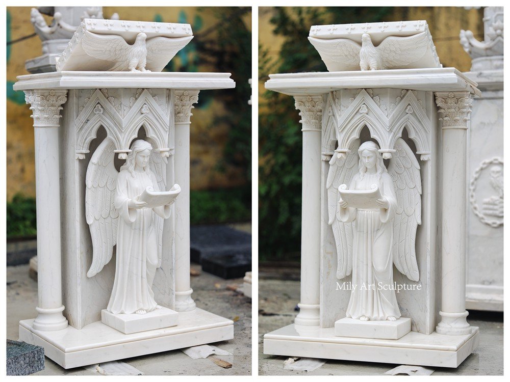 Custom Marble Church Pulpit with Angel Statue Details